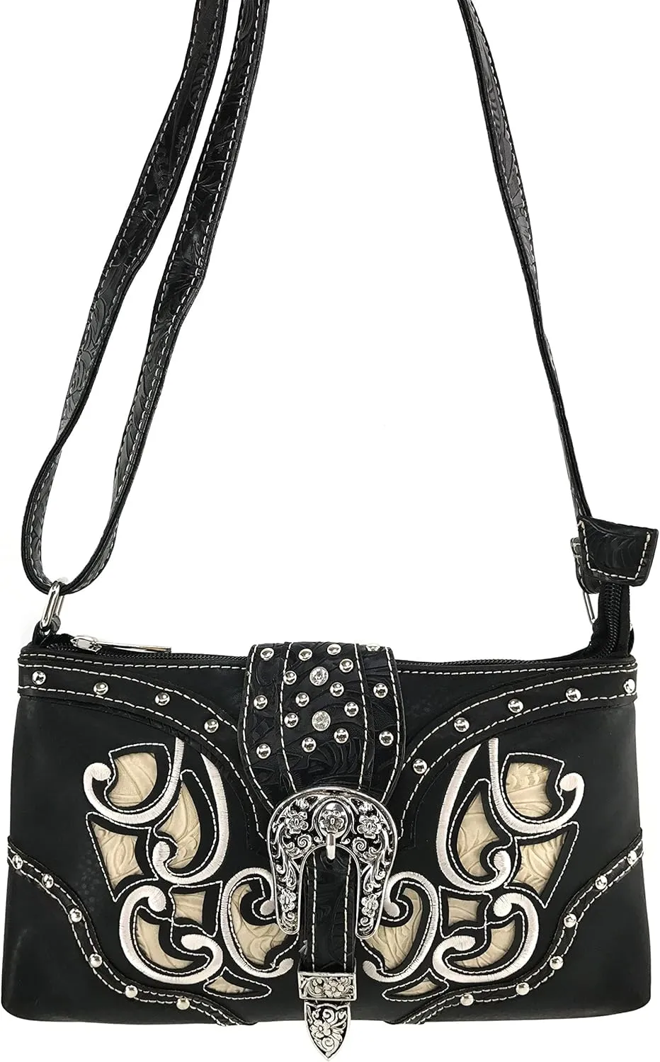 Justin West Western Tooled Laser Cut Rhinestone Buckle Messenger Bag Purse with Long Crossbody Strap