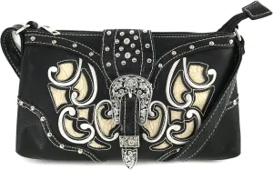 Justin West Western Tooled Laser Cut Rhinestone Buckle Messenger Bag Purse with Long Crossbody Strap
