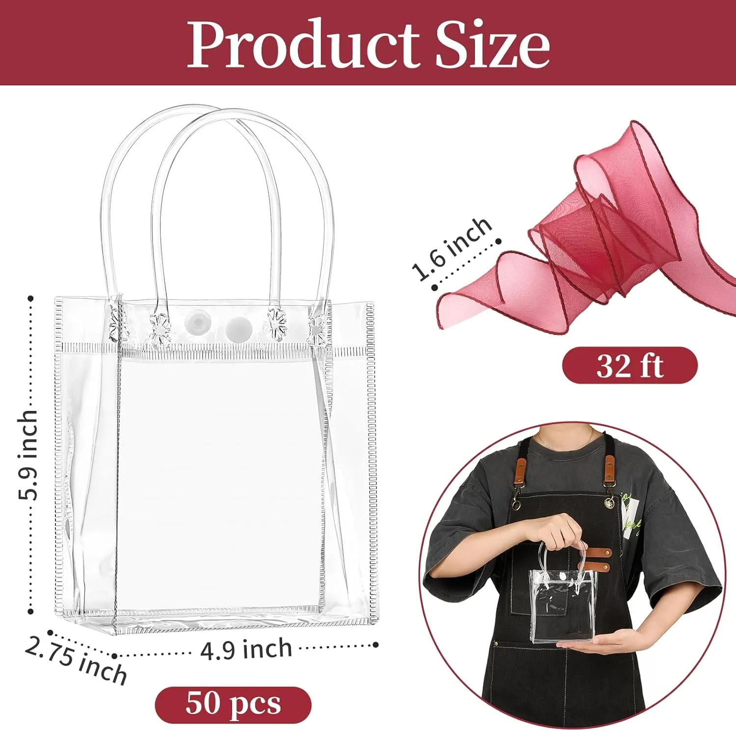 Jutieuo 50 Pack Clear Plastic Gift Bags with Handles, 5.9" x 4.9" x 2.8" Reusable Transparent Party Favor Bags Goodie Bags Bulk for Wedding, Baby Shower, Birthday, Mother's Day