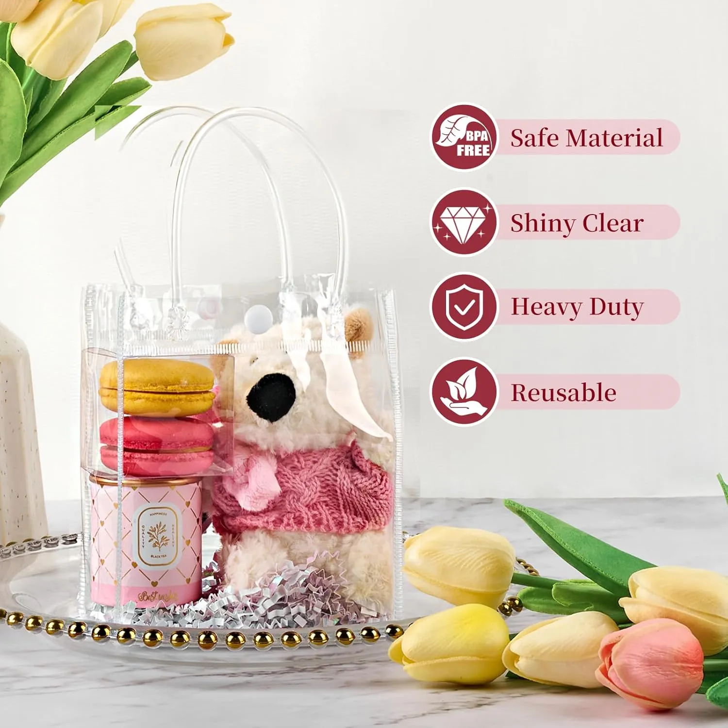Jutieuo 50 Pack Clear Plastic Gift Bags with Handles, 5.9" x 4.9" x 2.8" Reusable Transparent Party Favor Bags Goodie Bags Bulk for Wedding, Baby Shower, Birthday, Mother's Day