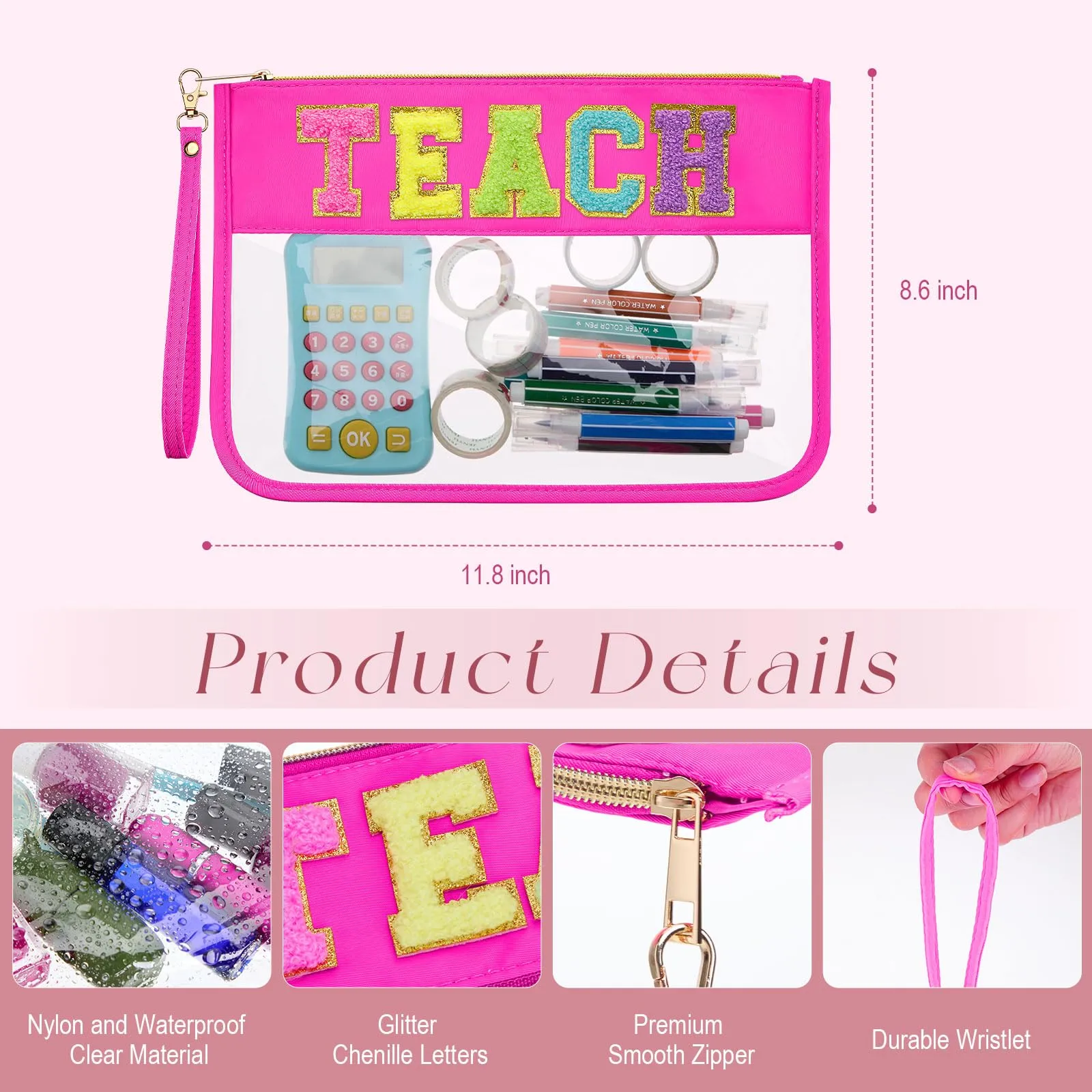 Kacctyen 6 Pcs Teach Bags Chenille Letter Clear Zipper Makeup Bags Teacher Appreciation Gifts Cosmetic Travel Toiletry Pouch with Handle Gift for Teacher Graduation Retirement Women (Multicolor,teach)