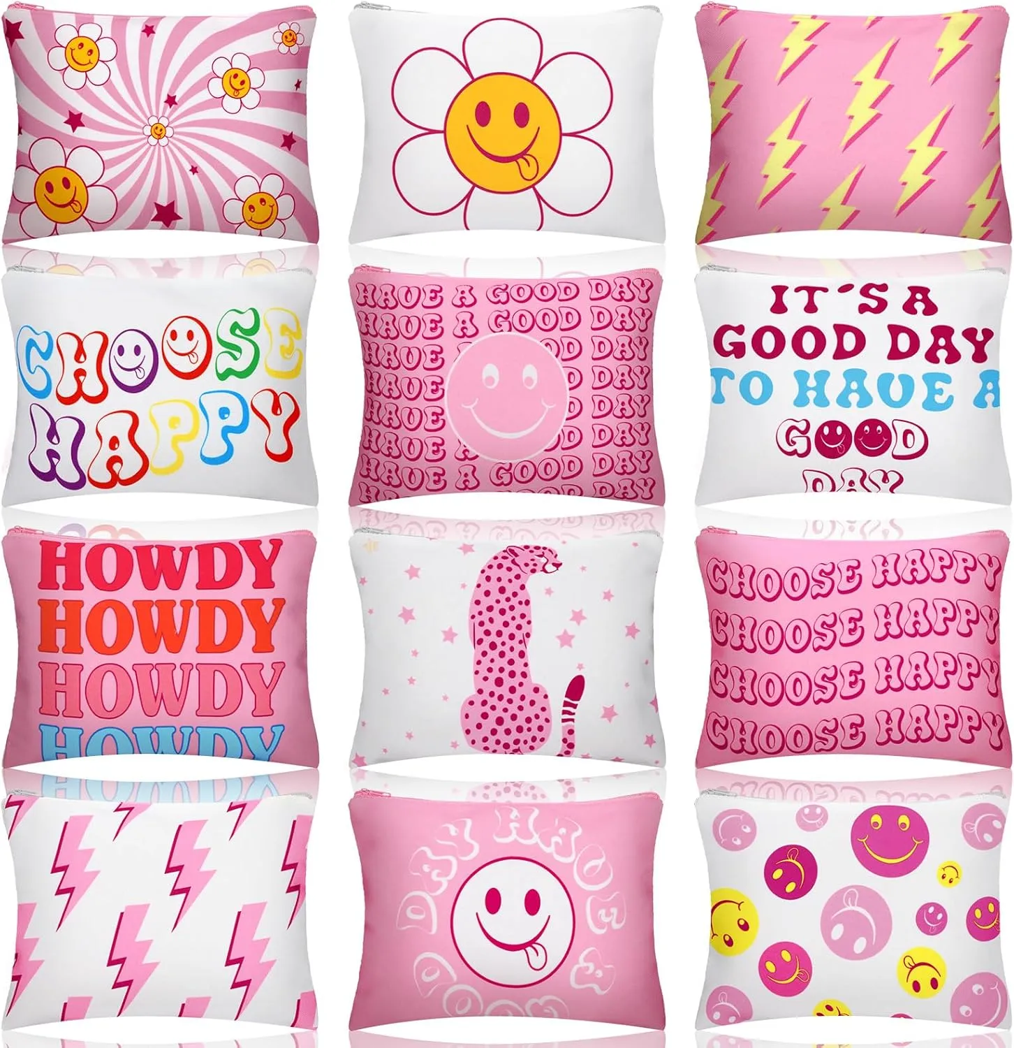 Kajaia 12 Pcs Preppy Makeup Bag with Zipper Pink Preppy Gift Cute Smile Face Cosmetic Bag Portable Travel Toiletry Accessories for Women