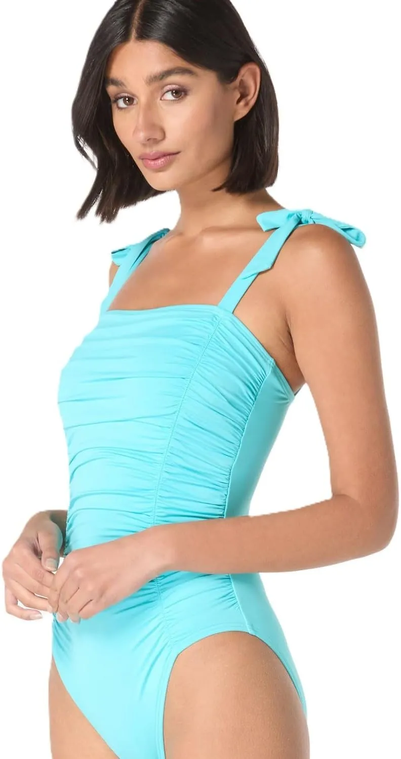 kate spade new york Women's Solid Shirred Front Bow Shoulder One Piece