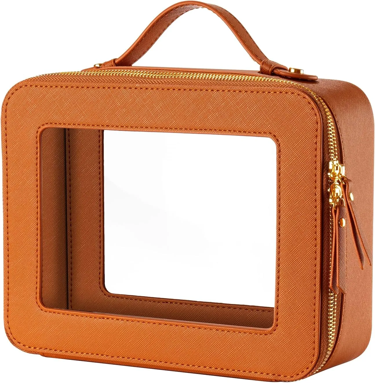 Keains Clear Makeup Bag for Women，Cosmetic Organizer Case Transparent Waterproof Travel Toiletry Bag with Zipper，Portable Make Up Organizer Traveling Compact Car Bag for Essentials（Orange brown）