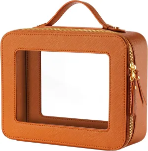 Keains Clear Makeup Bag for Women，Cosmetic Organizer Case Transparent Waterproof Travel Toiletry Bag with Zipper，Portable Make Up Organizer Traveling Compact Car Bag for Essentials（Orange brown）