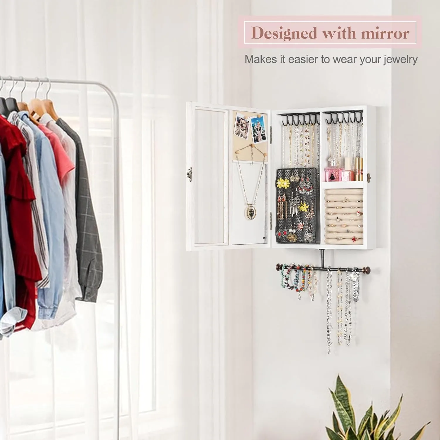 Keebofly Wall Mounted Jewelry Organizer With Rustic Wood Large Space Jewelry Cabinet, Holder, Storage Box for Necklaces, Earrings, Bracelets, Ring Holder, and Accessories with Mirror White