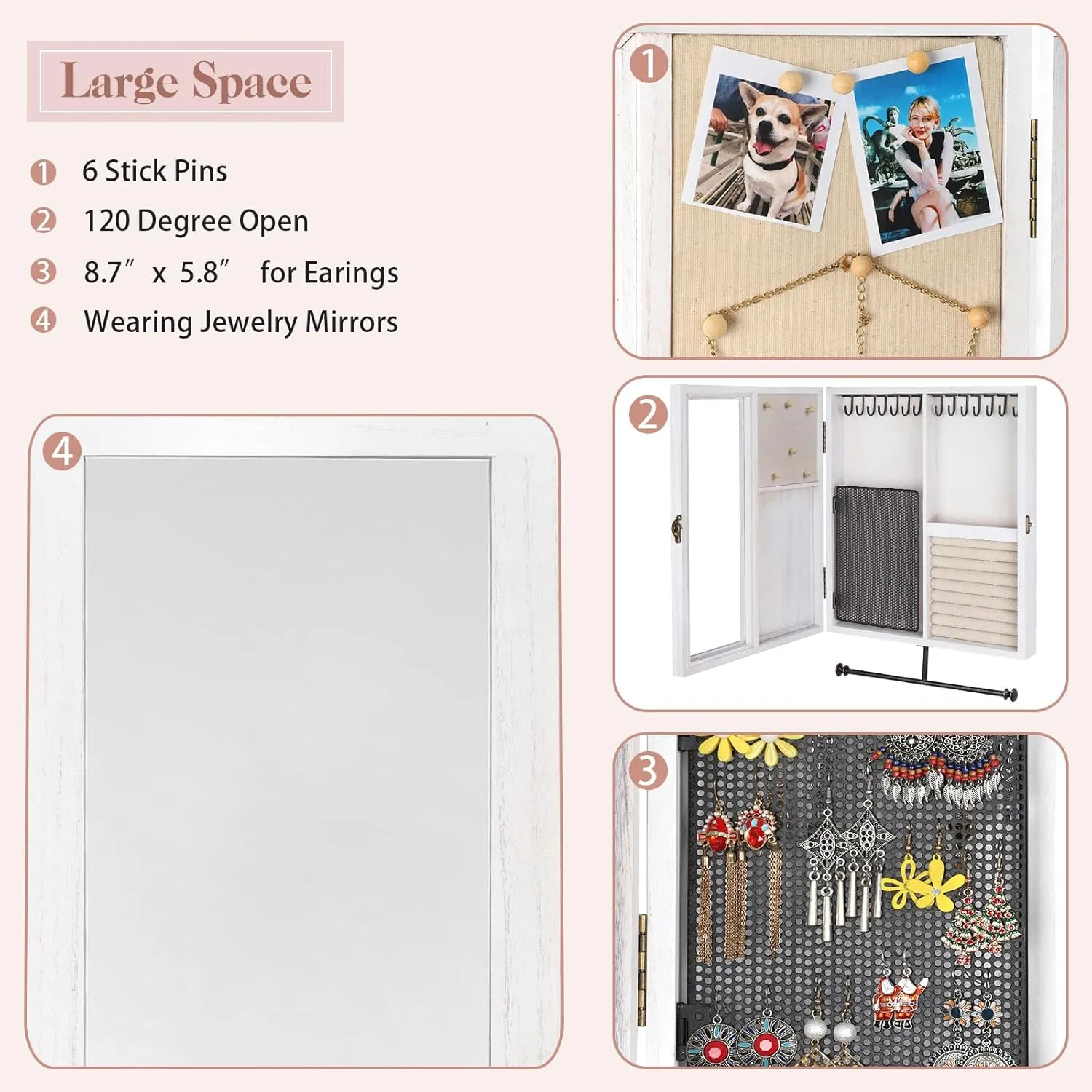 Keebofly Wall Mounted Jewelry Organizer With Rustic Wood Large Space Jewelry Cabinet, Holder, Storage Box for Necklaces, Earrings, Bracelets, Ring Holder, and Accessories with Mirror White