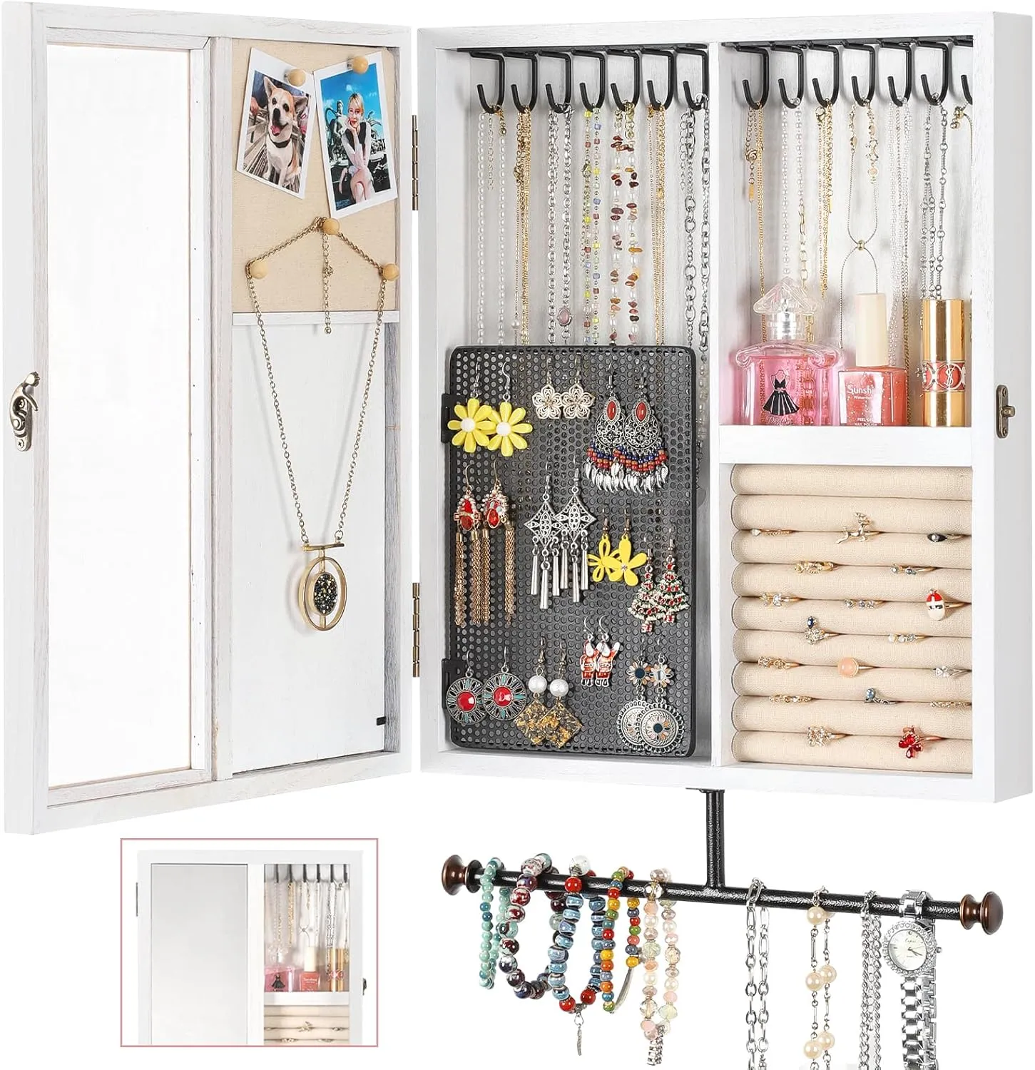 Keebofly Wall Mounted Jewelry Organizer With Rustic Wood Large Space Jewelry Cabinet, Holder, Storage Box for Necklaces, Earrings, Bracelets, Ring Holder, and Accessories with Mirror White