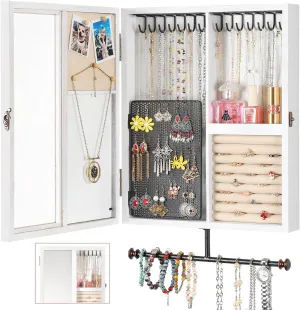 Keebofly Wall Mounted Jewelry Organizer With Rustic Wood Large Space Jewelry Cabinet, Holder, Storage Box for Necklaces, Earrings, Bracelets, Ring Holder, and Accessories with Mirror White