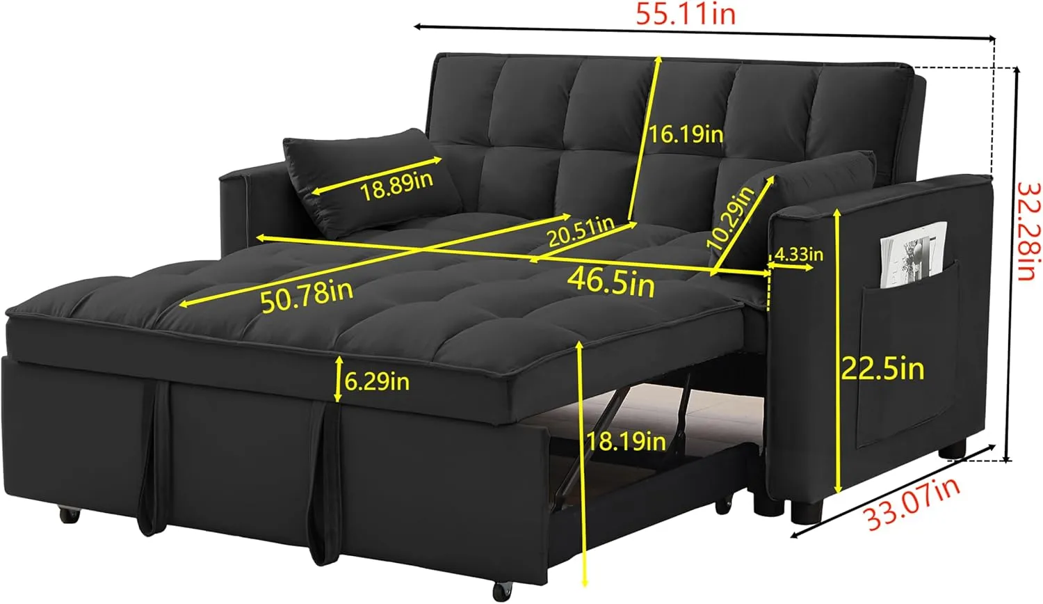 KEIKI 55" Velvet Loveseat Sofa Couch with Pullout Bed,Toss Pillows for Living Room,3 in 1 Convertible Sleeper