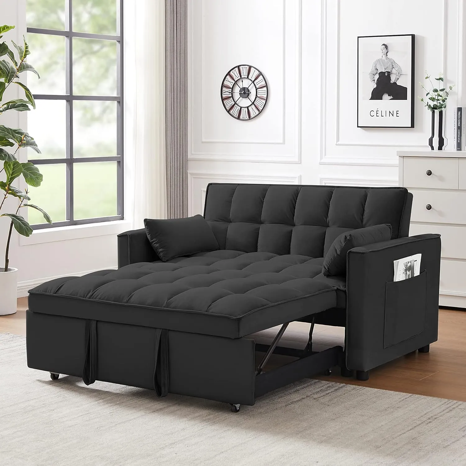 KEIKI 55" Velvet Loveseat Sofa Couch with Pullout Bed,Toss Pillows for Living Room,3 in 1 Convertible Sleeper