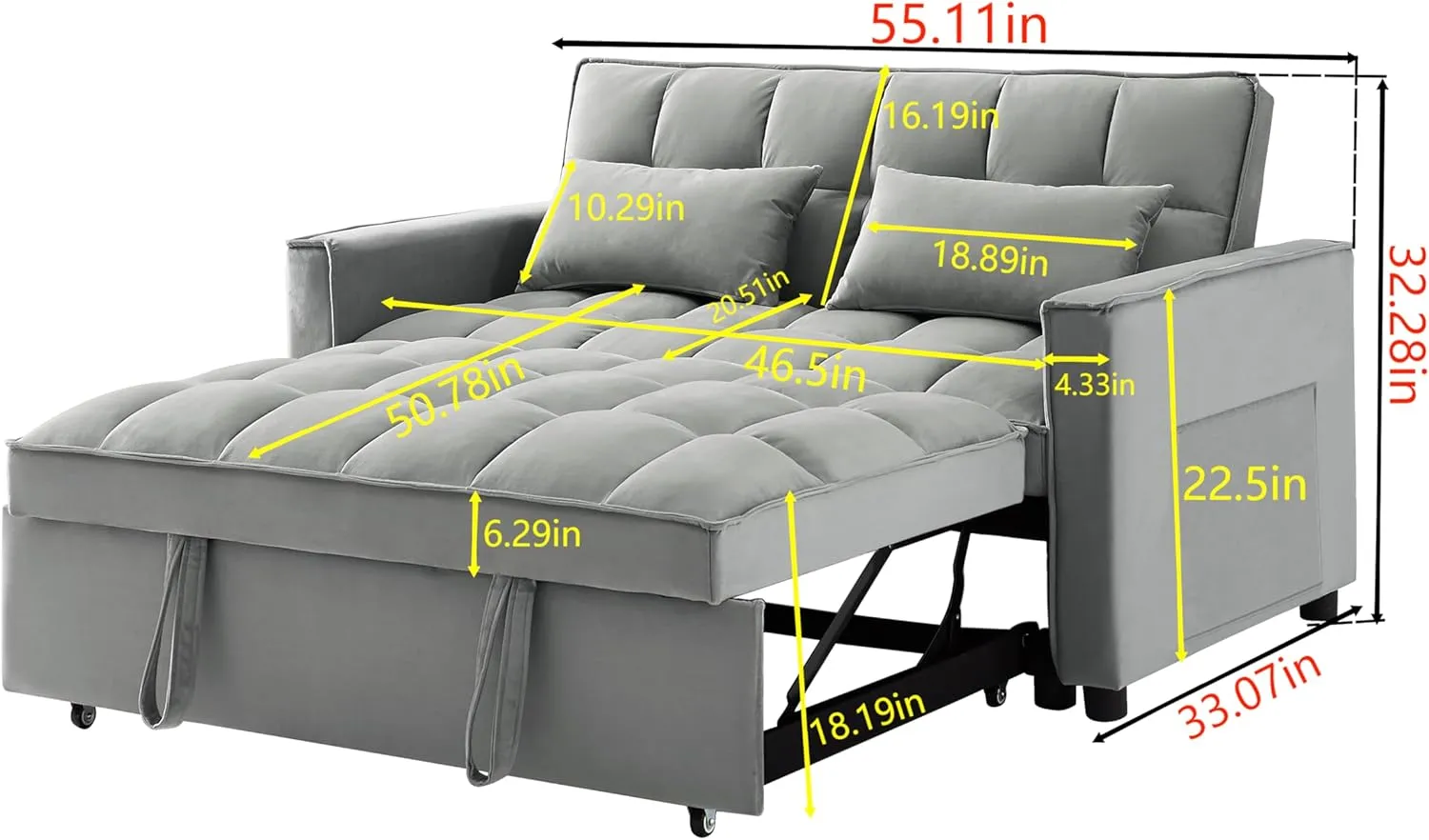 KEIKI 55" Velvet Loveseat Sofa Couch with Pullout Bed,Toss Pillows Furniture for Living Room,3 in 1 Convertible Sleeper