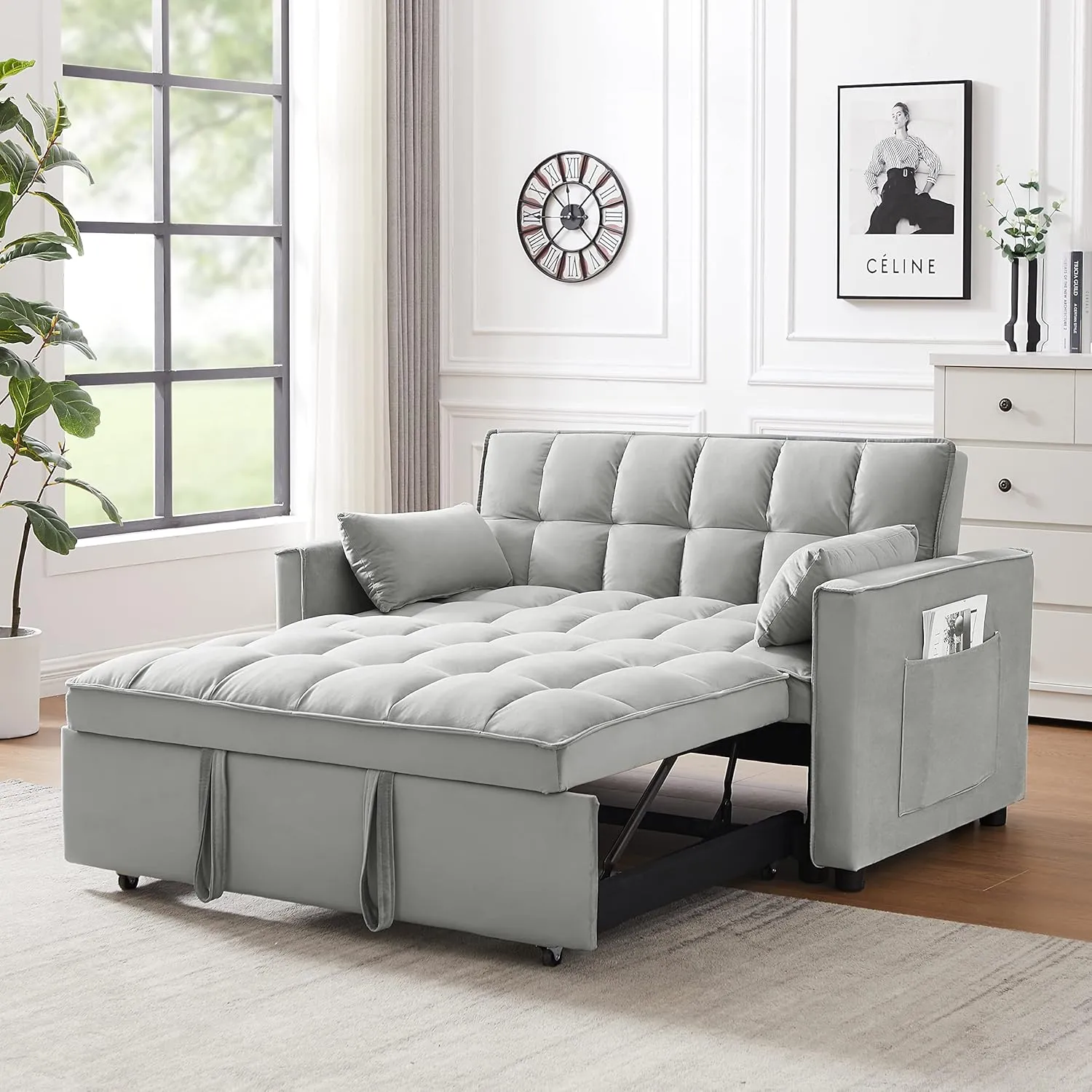 KEIKI 55" Velvet Loveseat Sofa Couch with Pullout Bed,Toss Pillows Furniture for Living Room,3 in 1 Convertible Sleeper