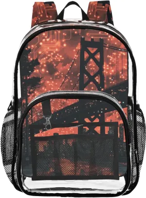 Kids PVC Clear Backpack Circuit Board Bridge Red Heavy Duty Multi-pockets Large Capacity Transparent See Through Bookbag for School Travel Sport Work