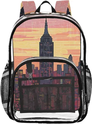 Kids PVC Clear Backpack Empire State Circuit Board Heavy Duty Multi-pockets Large Capacity Transparent See Through Bookbag for School Travel Sport Work
