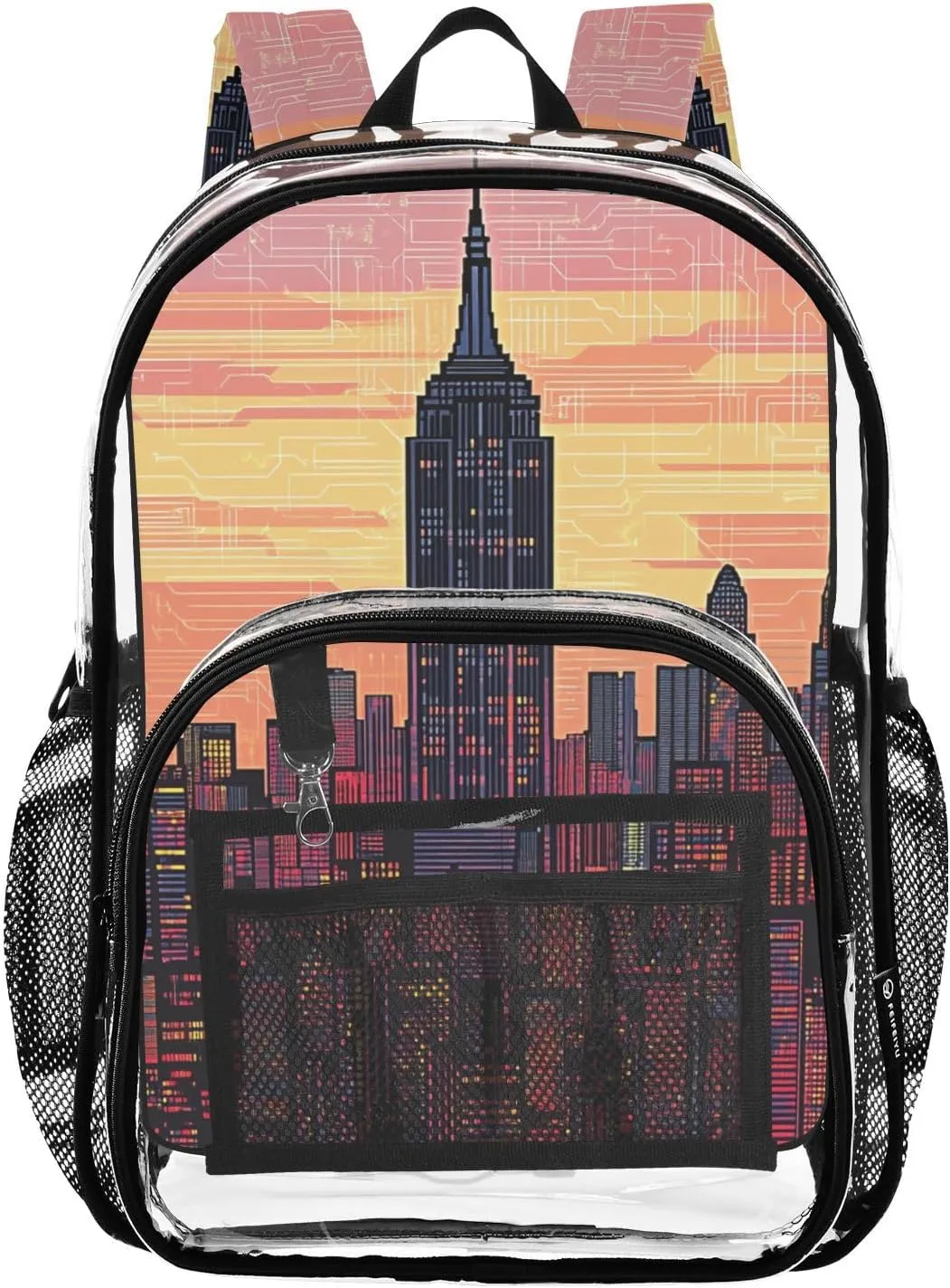 Kids PVC Clear Backpack Empire State Circuit Board Heavy Duty Multi-pockets Large Capacity Transparent See Through Bookbag for School Travel Sport Work