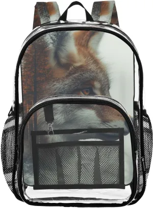 Kids PVC Clear Backpack Fox Orange Double Exposure Heavy Duty Multi-pockets Large Capacity Transparent See Through Bookbag for School Travel Sport Work