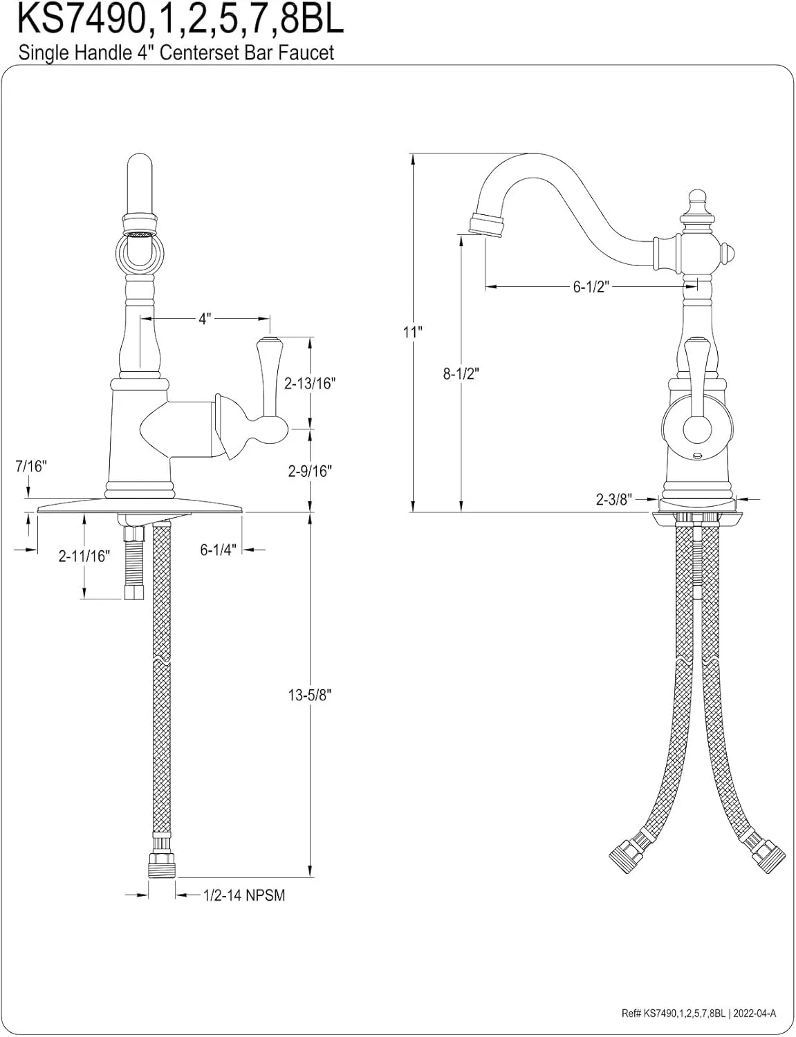 Kingston Brass KS7498BL English Vintage Bar Faucet with Cover Plate, Brushed Nickel, 11.06 x 6.25 x 2.38