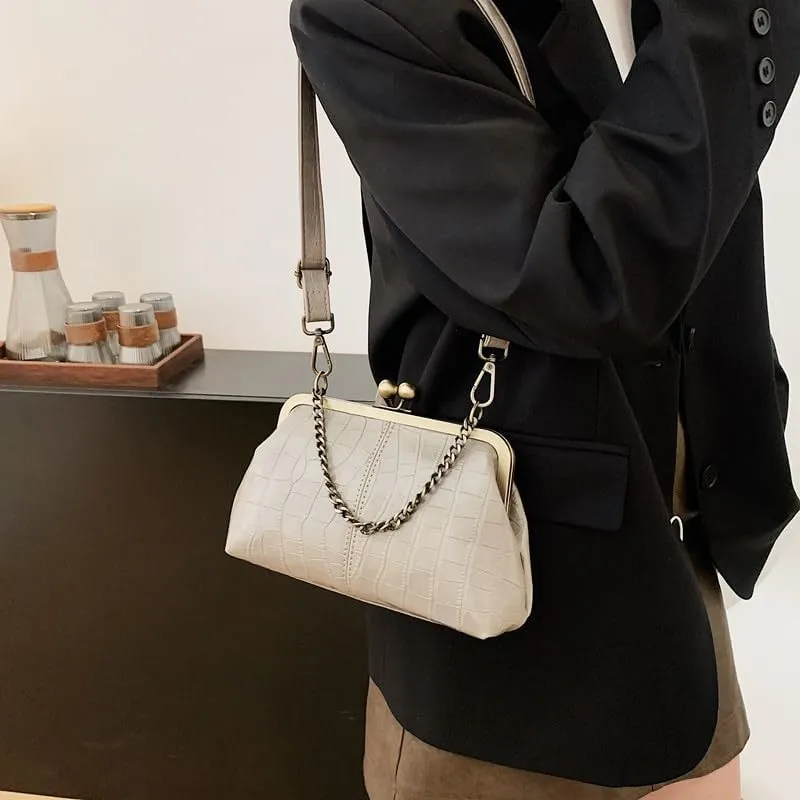 Kiss Lock Purses and Handbags for Women Kisslock Crossbody Bag Faux Leather Clutch Purse Trendy Evening Bag