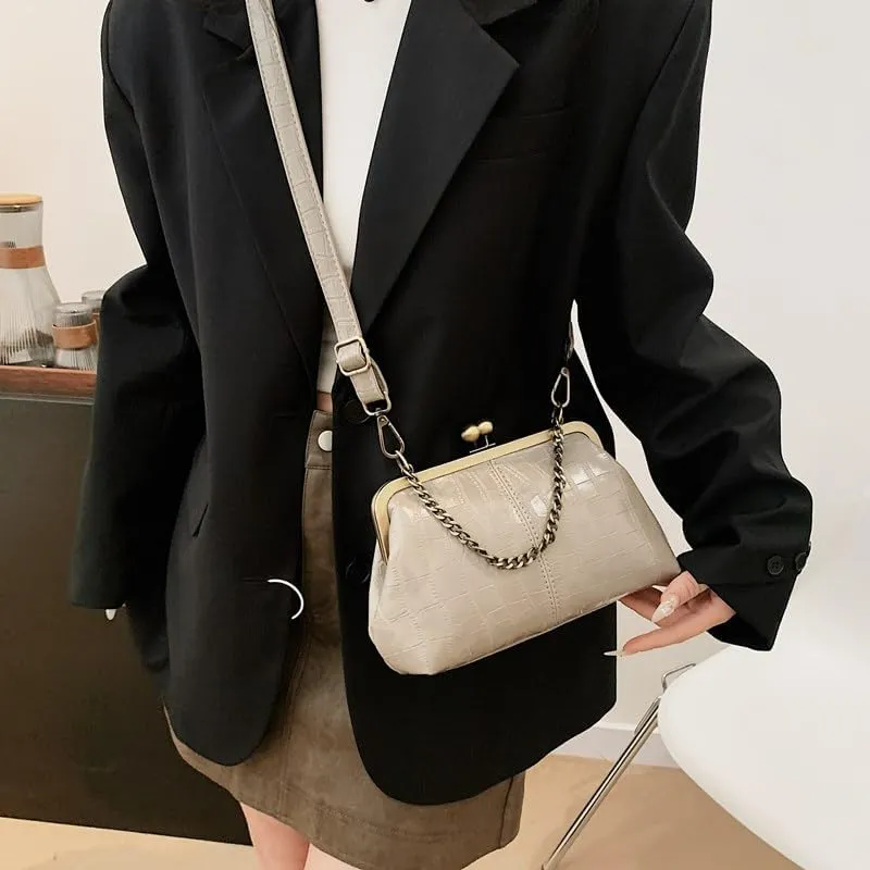 Kiss Lock Purses and Handbags for Women Kisslock Crossbody Bag Faux Leather Clutch Purse Trendy Evening Bag