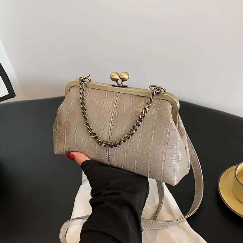 Kiss Lock Purses and Handbags for Women Kisslock Crossbody Bag Faux Leather Clutch Purse Trendy Evening Bag