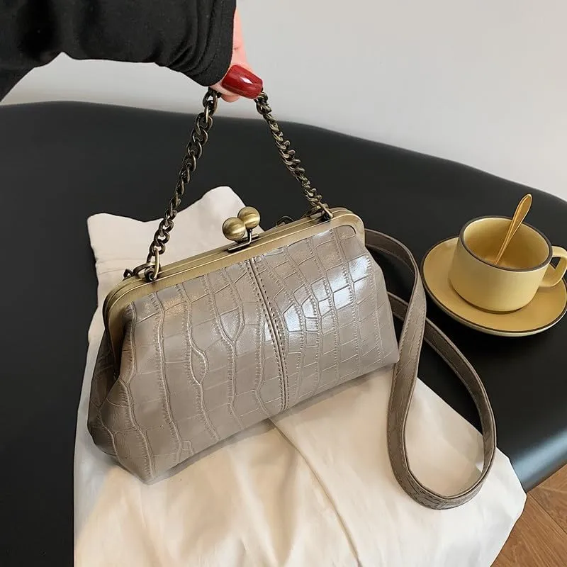 Kiss Lock Purses and Handbags for Women Kisslock Crossbody Bag Faux Leather Clutch Purse Trendy Evening Bag