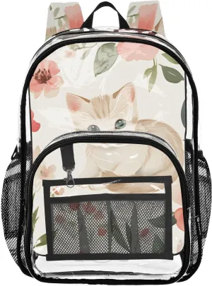 Kitten with Floral Surroundings Clear Plastic Backpack - Transparent PVC Heavy Duty Bag with Large Main Pocket and Mesh Pockets - Ideal for School, Travel, Outings - Clear Backpack for Everyday