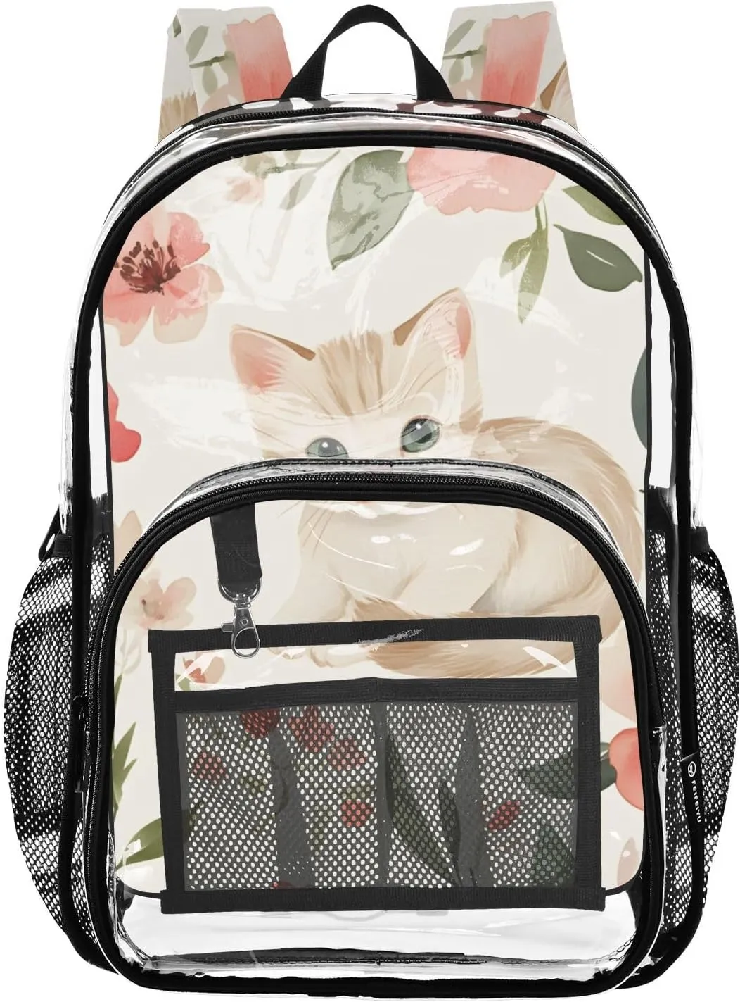 Kitten with Floral Surroundings Clear Plastic Backpack - Transparent PVC Heavy Duty Bag with Large Main Pocket and Mesh Pockets - Ideal for School, Travel, Outings - Clear Backpack for Everyday
