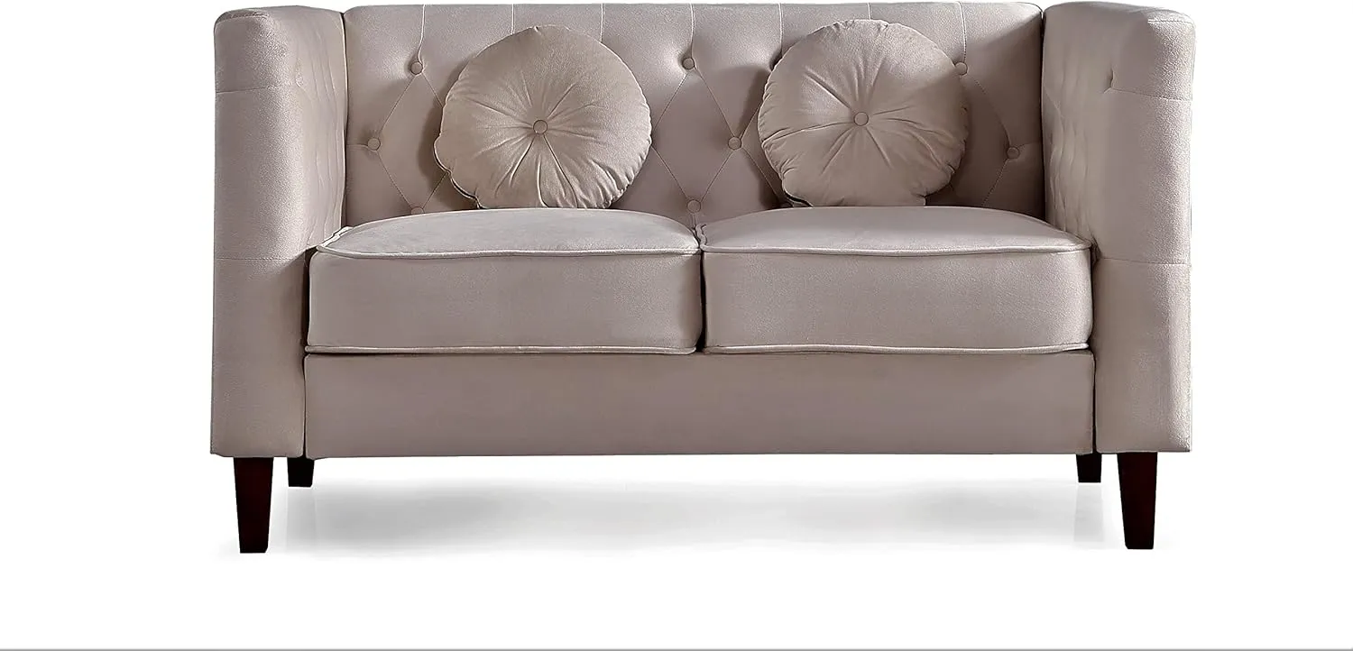 Kittleson Classic Chesterfield Velvet Loveseat Sofa with Elegant Button Tufted Backrest, Square Legs, High-Density Foam & Accent Pillows, 2 Seater Couch for Living Room, Love Seat, Beige