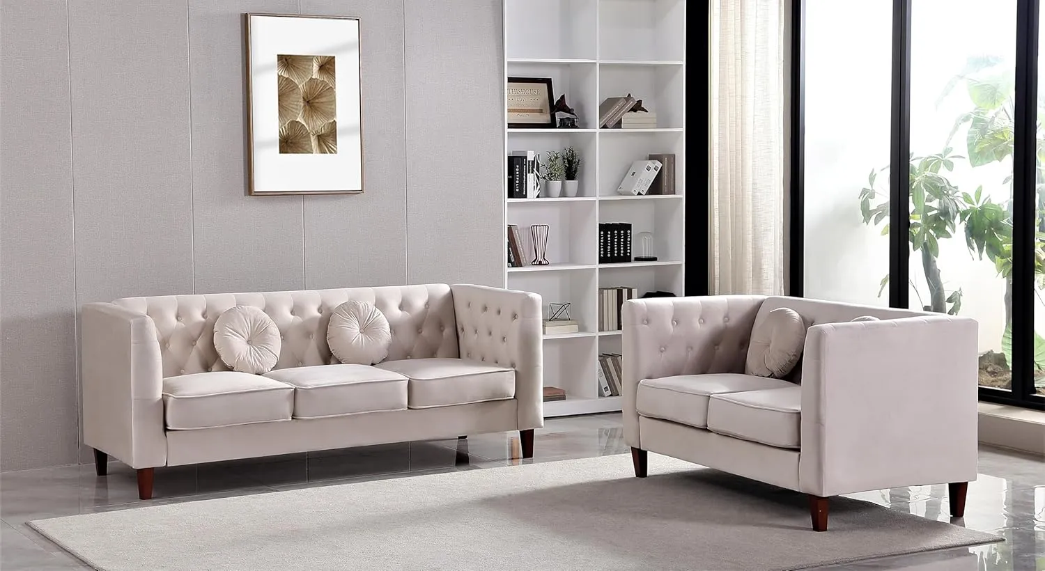 Kittleson Classic Chesterfield Velvet Loveseat Sofa with Elegant Button Tufted Backrest, Square Legs, High-Density Foam & Accent Pillows, 2 Seater Couch for Living Room, Love Seat, Beige