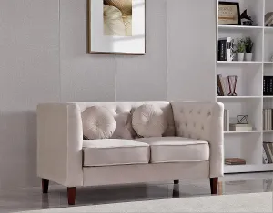 Kittleson Classic Chesterfield Velvet Loveseat Sofa with Elegant Button Tufted Backrest, Square Legs, High-Density Foam & Accent Pillows, 2 Seater Couch for Living Room, Love Seat, Beige