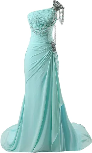 Kivary® Women's Beaded One Shoulder Crystals Chiffon Long Corset Prom Evening Dresses