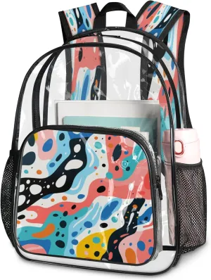 KOBLEN Abstract Shape Mix 17.1 Inch Clear Backpack, Heavy Duty Transparent PVC Daypack with Adjustable Padded Straps, Large Capacity Clear Bag for Festival, Concerts, Travel