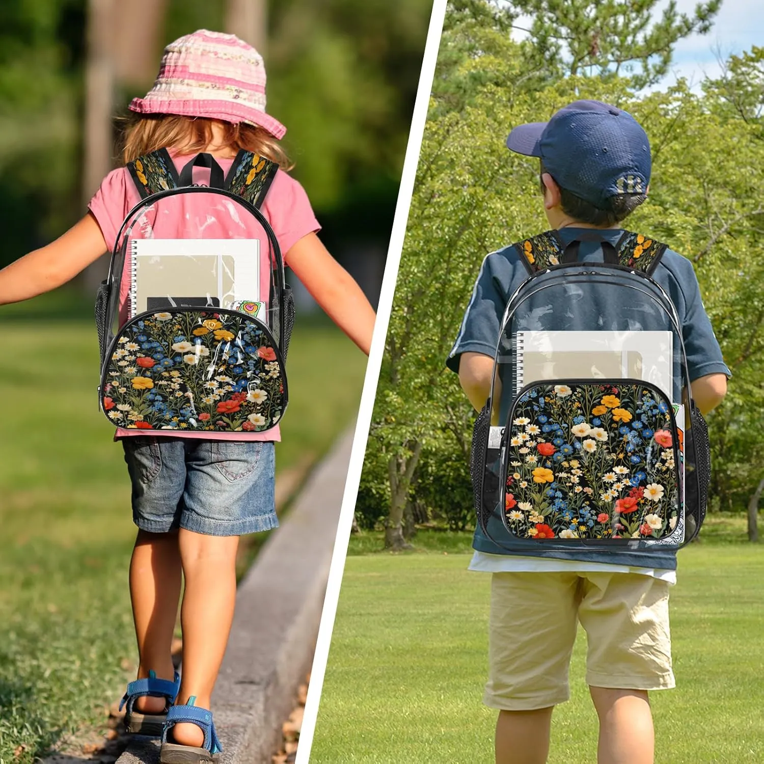 KOBLEN Black Multiflower Array 14.2 Inch Clear Backpack, Heavy Duty Transparent PVC Daypack with Adjustable Padded Straps, Large Capacity Clear Bag for Festival, Concerts, Travel