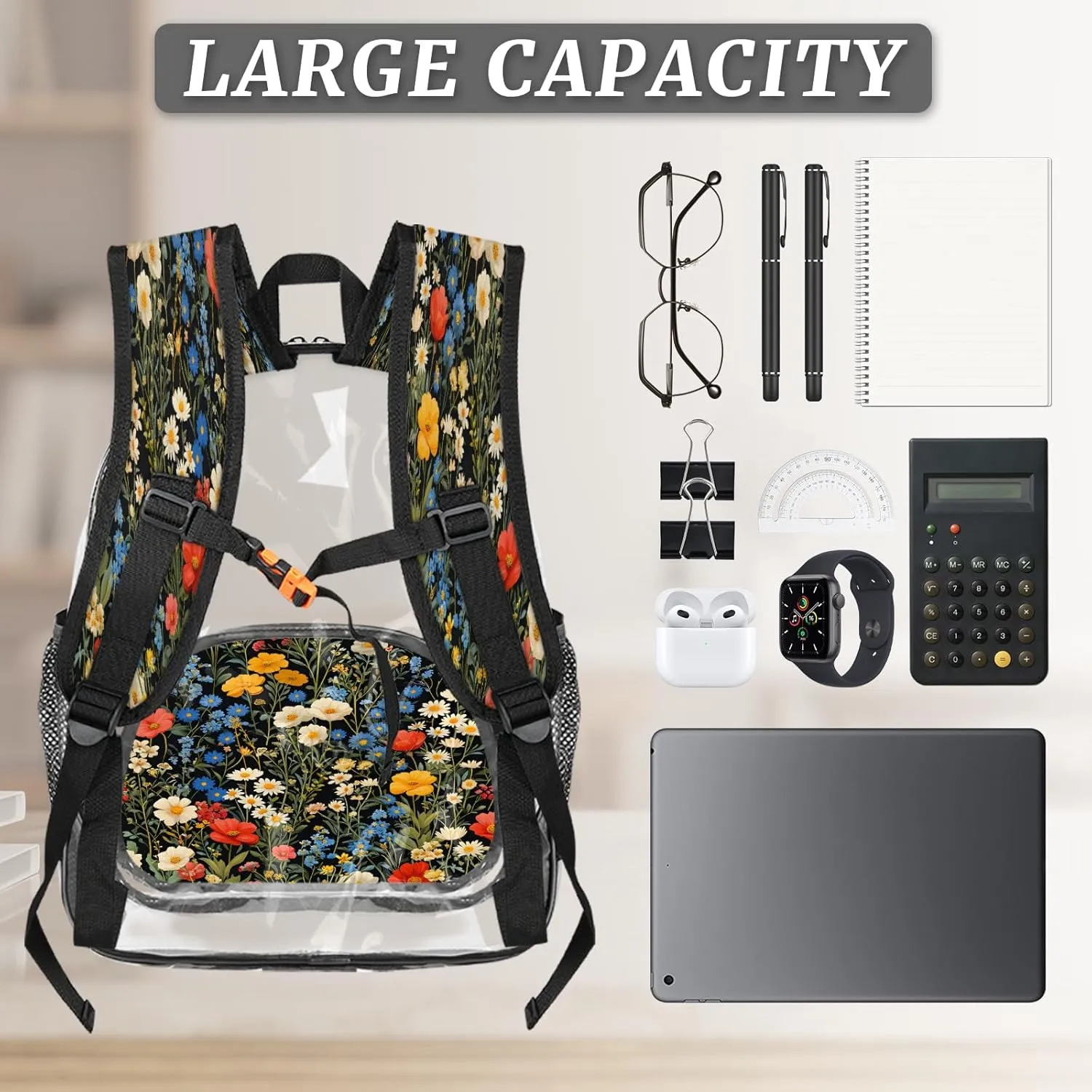 KOBLEN Black Multiflower Array 14.2 Inch Clear Backpack, Heavy Duty Transparent PVC Daypack with Adjustable Padded Straps, Large Capacity Clear Bag for Festival, Concerts, Travel