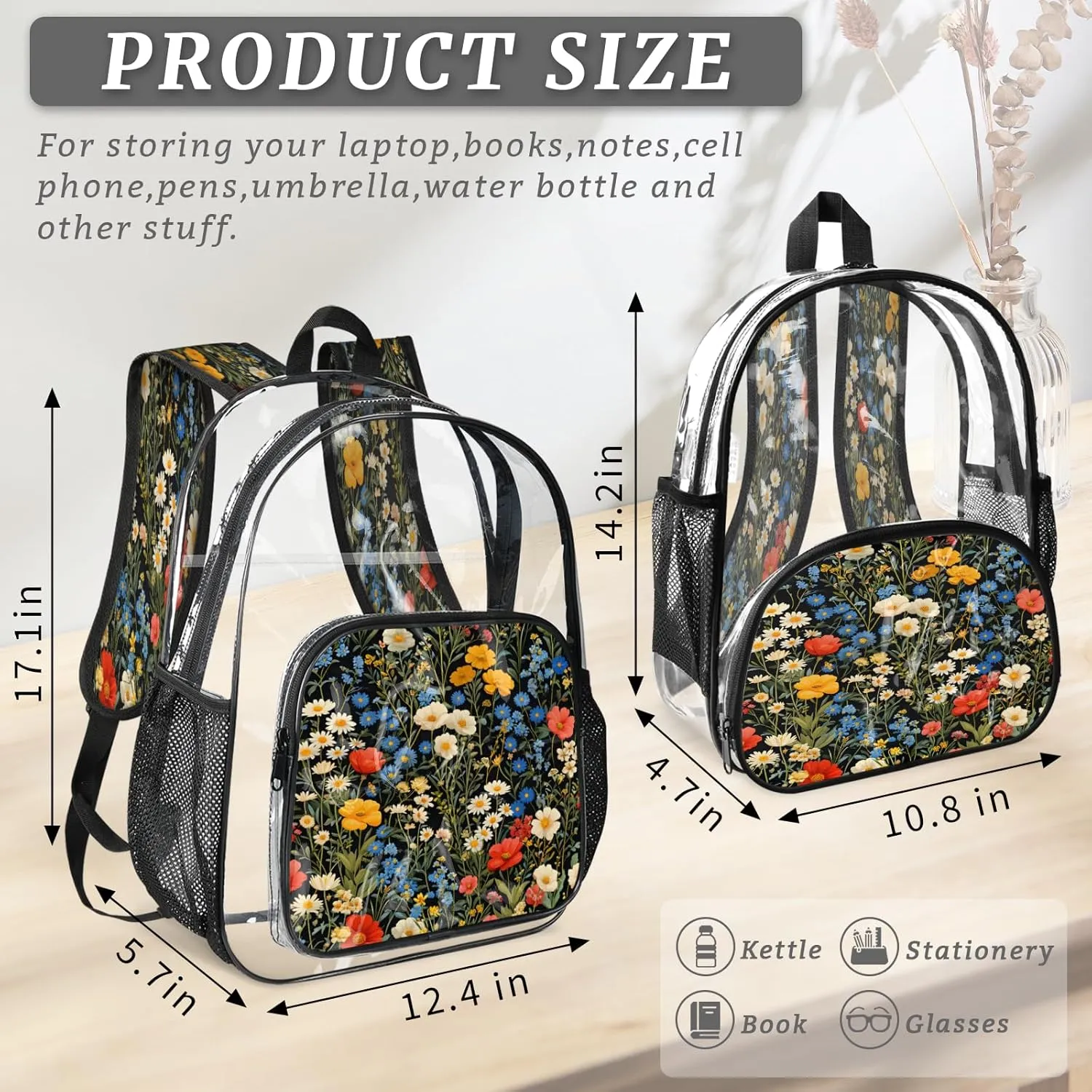 KOBLEN Black Multiflower Array 14.2 Inch Clear Backpack, Heavy Duty Transparent PVC Daypack with Adjustable Padded Straps, Large Capacity Clear Bag for Festival, Concerts, Travel