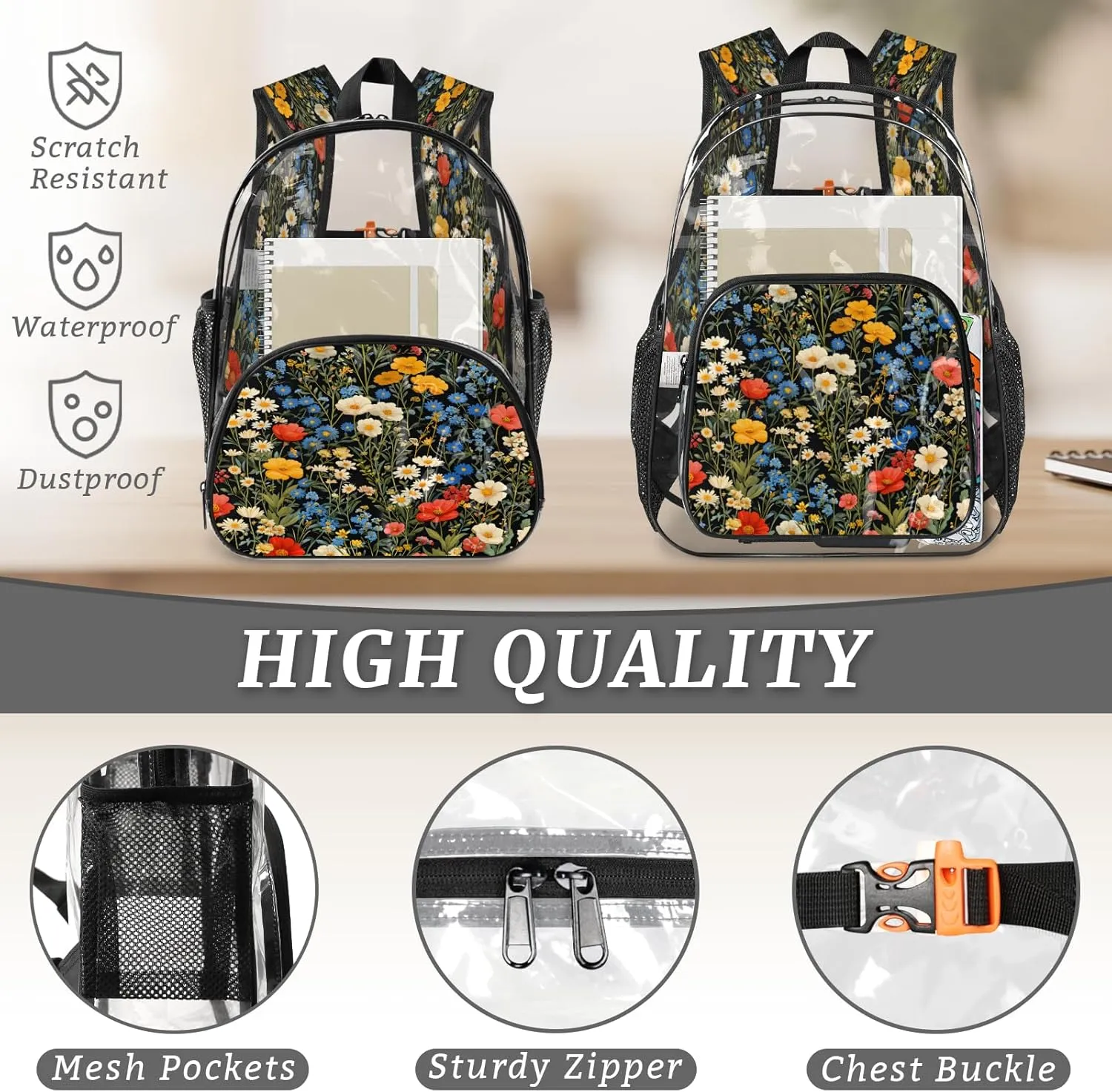 KOBLEN Black Multiflower Array 14.2 Inch Clear Backpack, Heavy Duty Transparent PVC Daypack with Adjustable Padded Straps, Large Capacity Clear Bag for Festival, Concerts, Travel