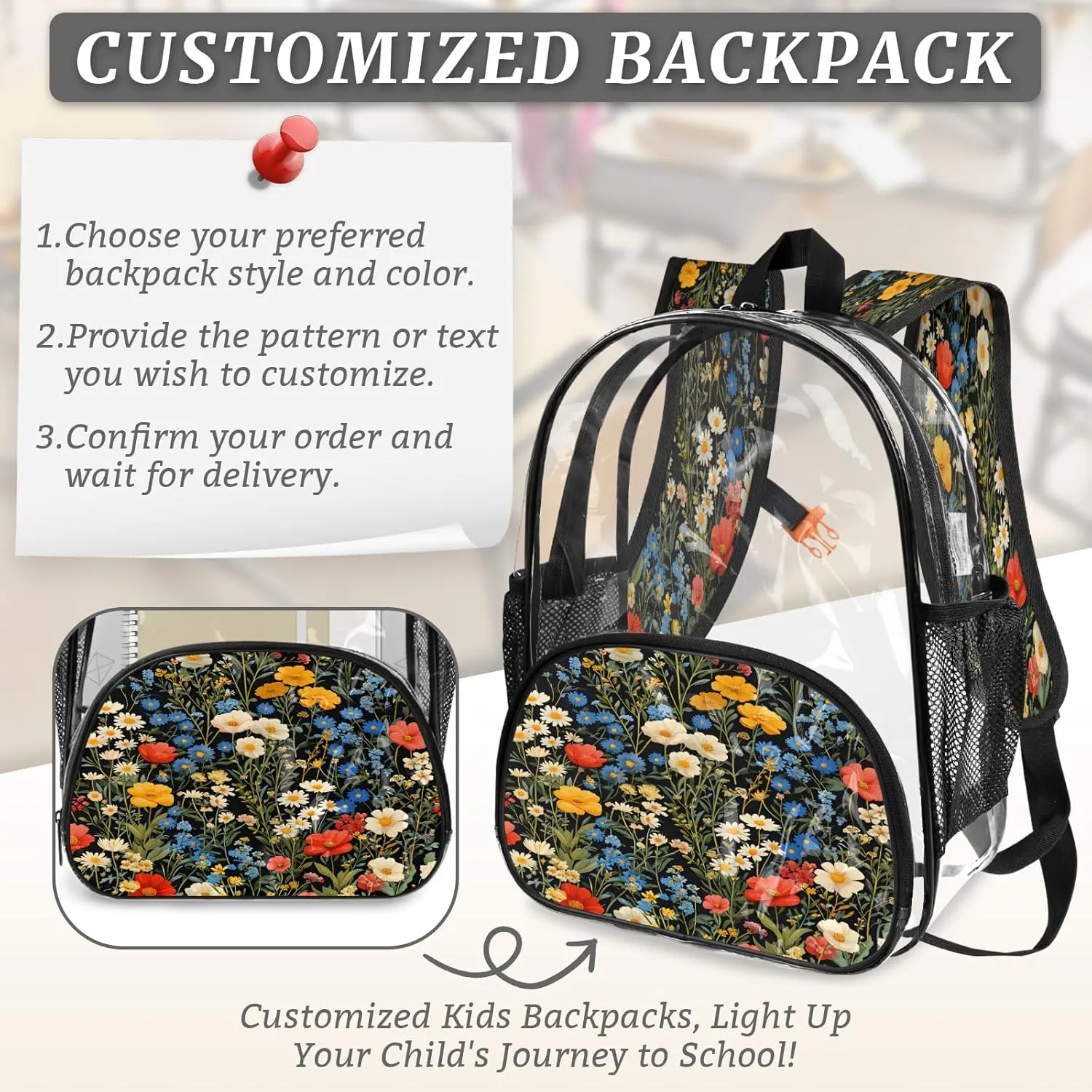 KOBLEN Black Multiflower Array 14.2 Inch Clear Backpack, Heavy Duty Transparent PVC Daypack with Adjustable Padded Straps, Large Capacity Clear Bag for Festival, Concerts, Travel