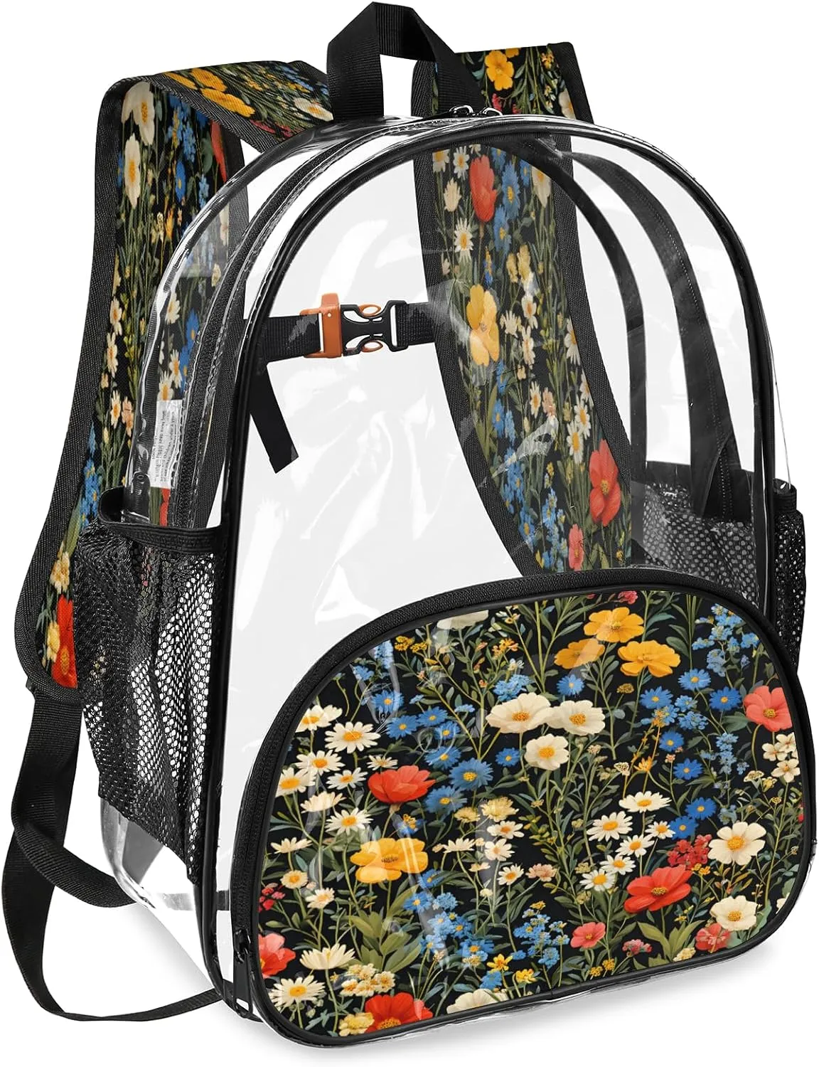 KOBLEN Black Multiflower Array 14.2 Inch Clear Backpack, Heavy Duty Transparent PVC Daypack with Adjustable Padded Straps, Large Capacity Clear Bag for Festival, Concerts, Travel