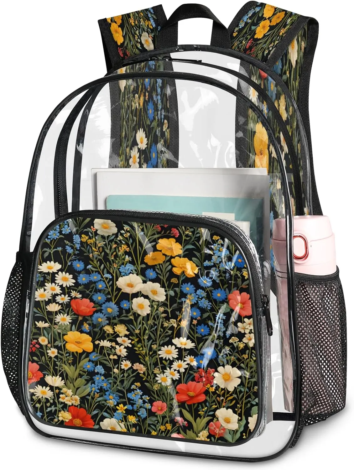 KOBLEN Black Multiflower Array 14.2 Inch Clear Backpack, Heavy Duty Transparent PVC Daypack with Adjustable Padded Straps, Large Capacity Clear Bag for Festival, Concerts, Travel