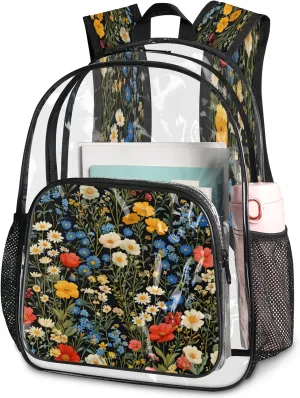 KOBLEN Black Multiflower Array 14.2 Inch Clear Backpack, Heavy Duty Transparent PVC Daypack with Adjustable Padded Straps, Large Capacity Clear Bag for Festival, Concerts, Travel