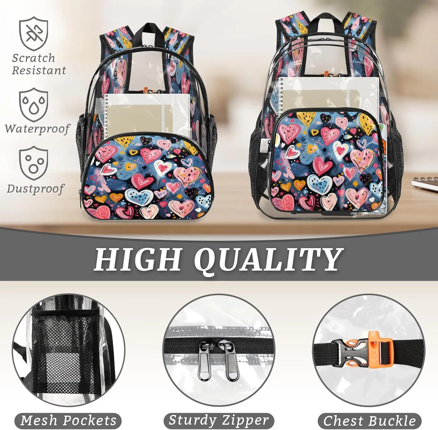 KOBLEN Blue Heart Cluster 17.1 Inch Clear Backpack, Heavy Duty Transparent PVC Daypack with Adjustable Padded Straps, Large Capacity Clear Bag for Festival, Concerts, Travel