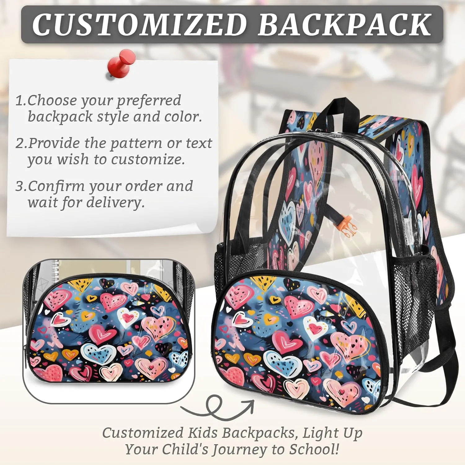 KOBLEN Blue Heart Cluster 17.1 Inch Clear Backpack, Heavy Duty Transparent PVC Daypack with Adjustable Padded Straps, Large Capacity Clear Bag for Festival, Concerts, Travel