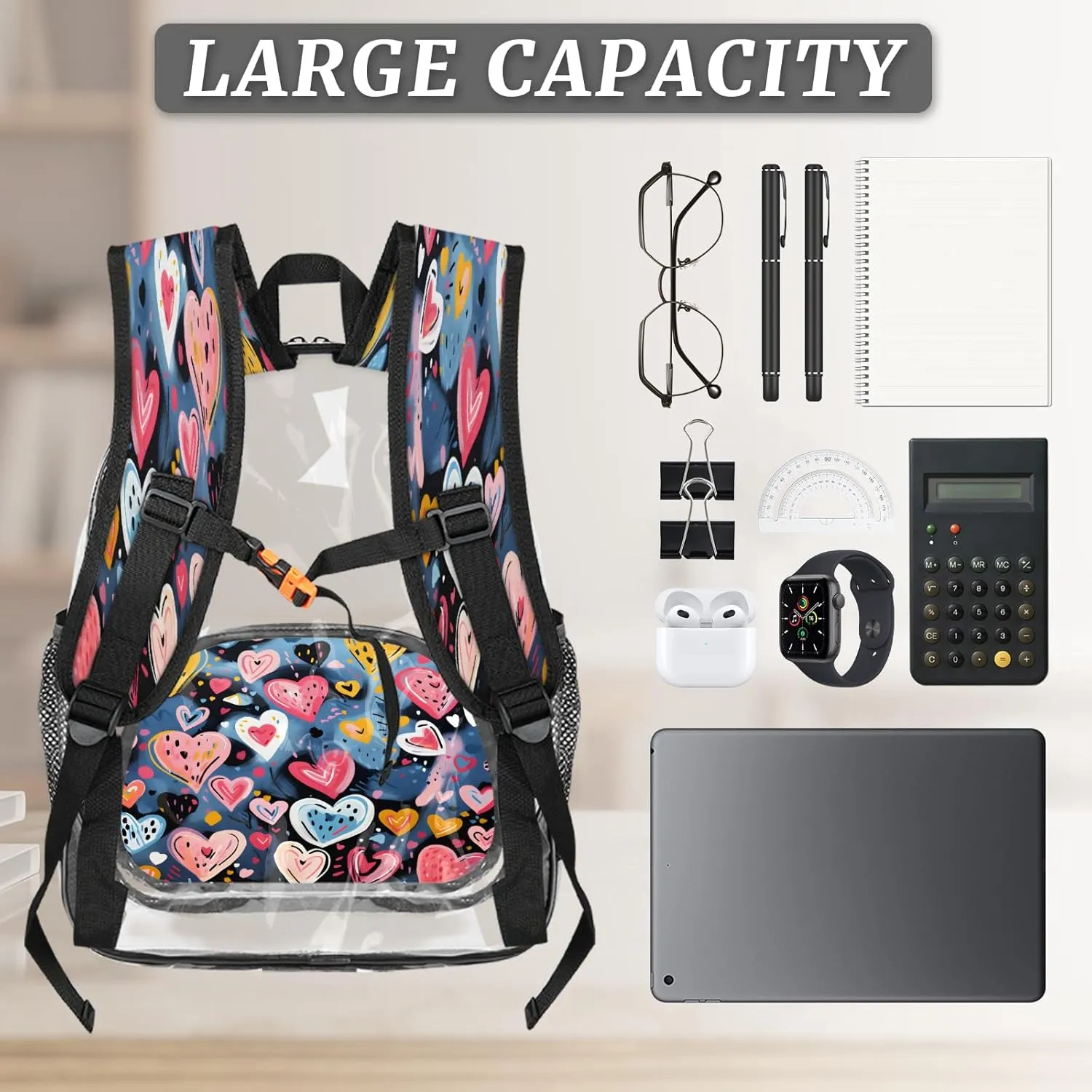 KOBLEN Blue Heart Cluster 17.1 Inch Clear Backpack, Heavy Duty Transparent PVC Daypack with Adjustable Padded Straps, Large Capacity Clear Bag for Festival, Concerts, Travel
