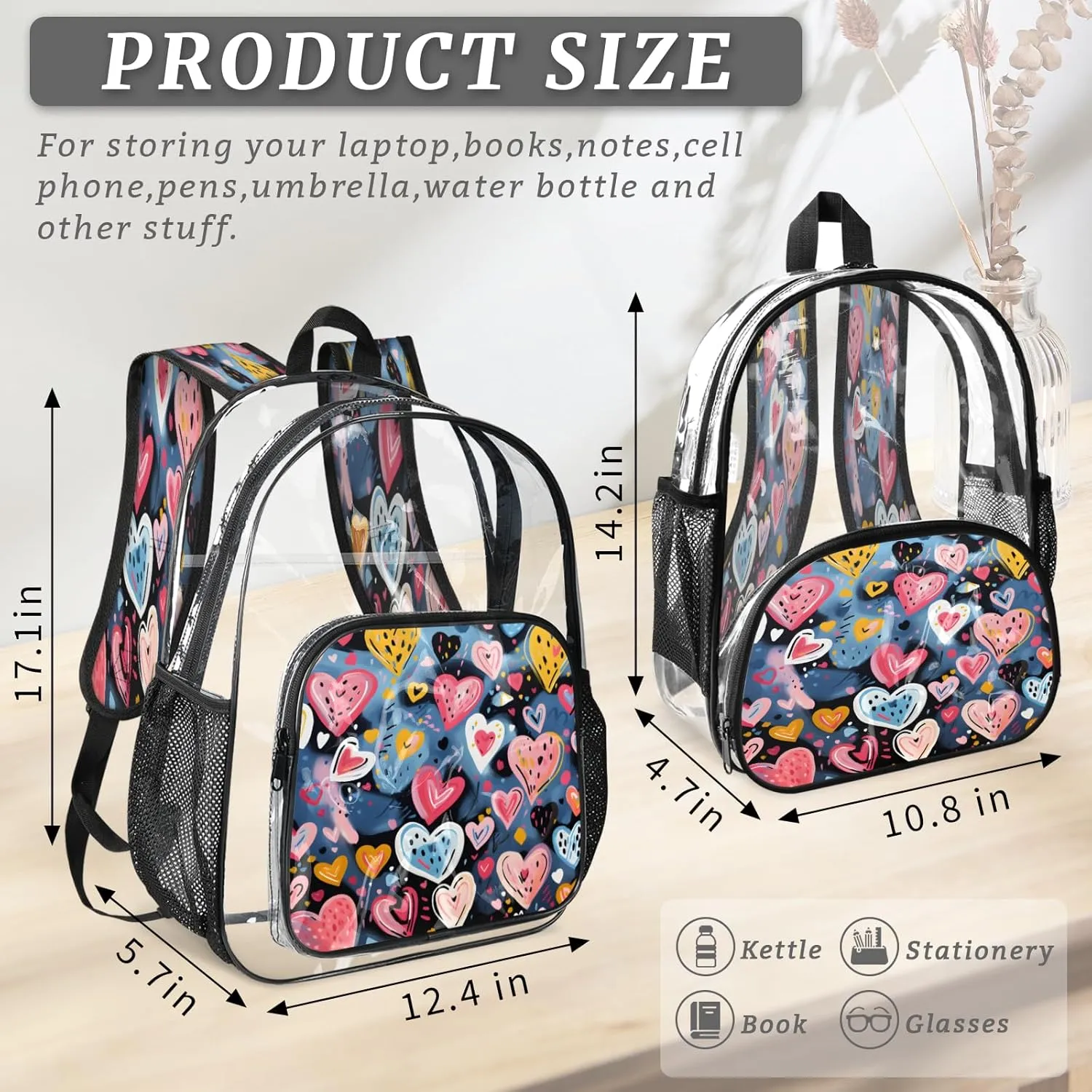 KOBLEN Blue Heart Cluster 17.1 Inch Clear Backpack, Heavy Duty Transparent PVC Daypack with Adjustable Padded Straps, Large Capacity Clear Bag for Festival, Concerts, Travel