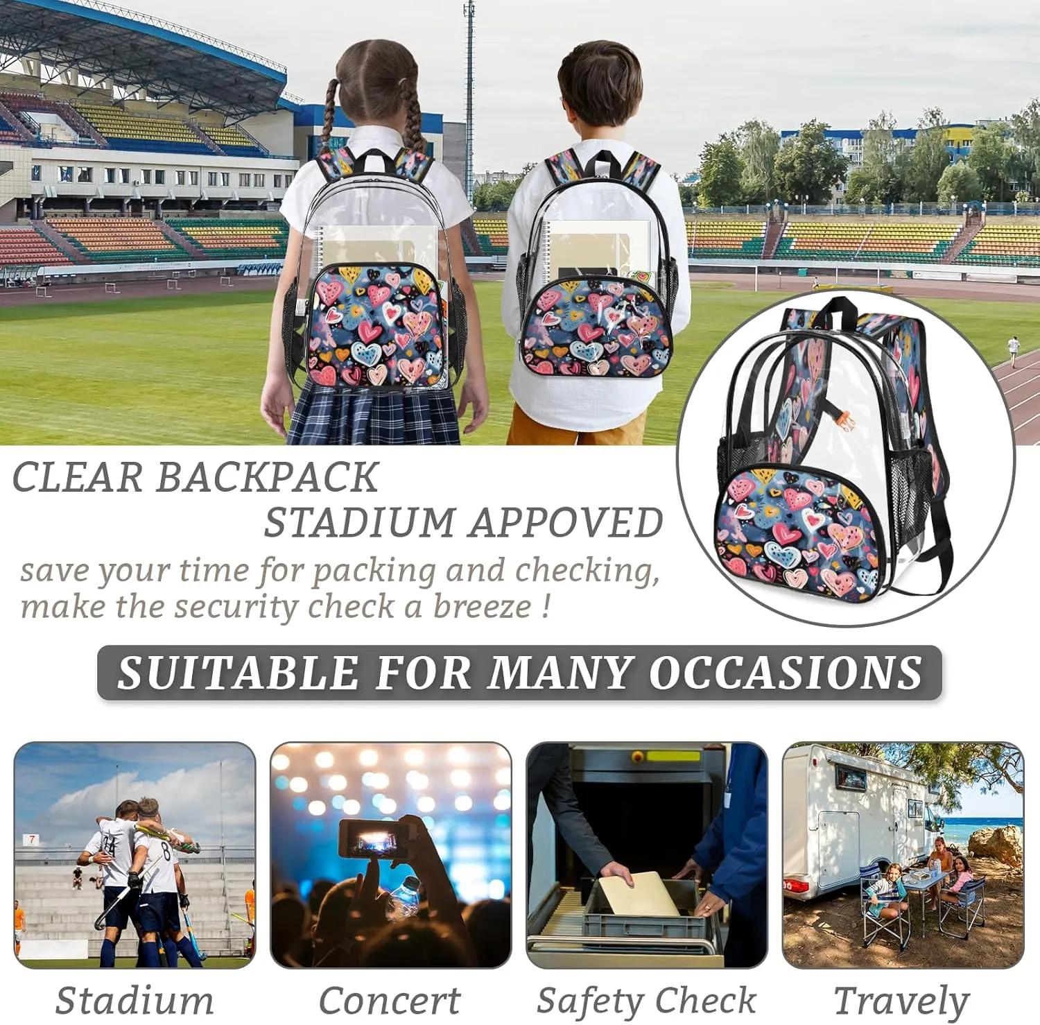 KOBLEN Blue Heart Cluster 17.1 Inch Clear Backpack, Heavy Duty Transparent PVC Daypack with Adjustable Padded Straps, Large Capacity Clear Bag for Festival, Concerts, Travel