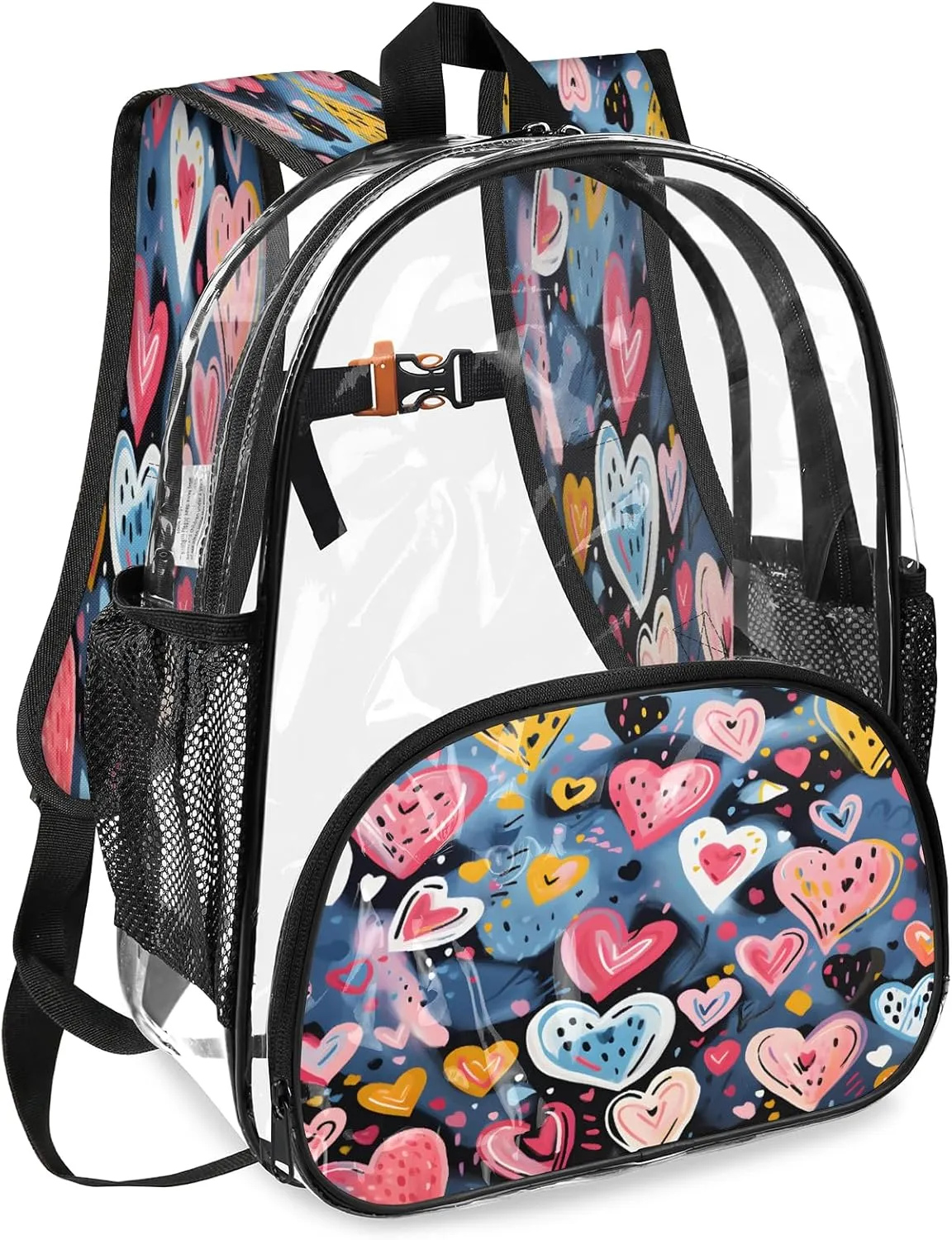 KOBLEN Blue Heart Cluster 17.1 Inch Clear Backpack, Heavy Duty Transparent PVC Daypack with Adjustable Padded Straps, Large Capacity Clear Bag for Festival, Concerts, Travel