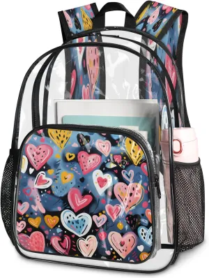 KOBLEN Blue Heart Cluster 17.1 Inch Clear Backpack, Heavy Duty Transparent PVC Daypack with Adjustable Padded Straps, Large Capacity Clear Bag for Festival, Concerts, Travel