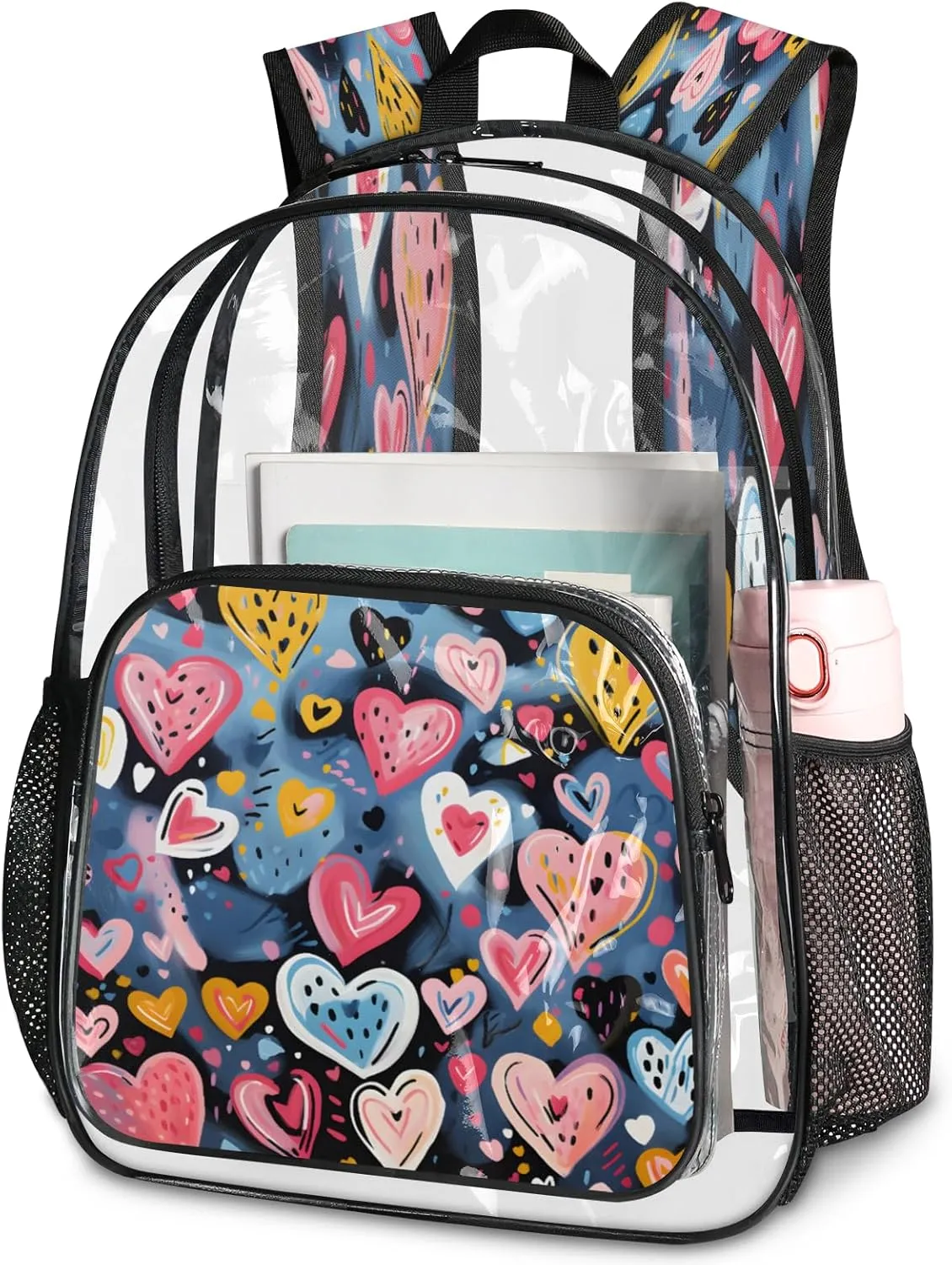 KOBLEN Blue Heart Cluster 17.1 Inch Clear Backpack, Heavy Duty Transparent PVC Daypack with Adjustable Padded Straps, Large Capacity Clear Bag for Festival, Concerts, Travel
