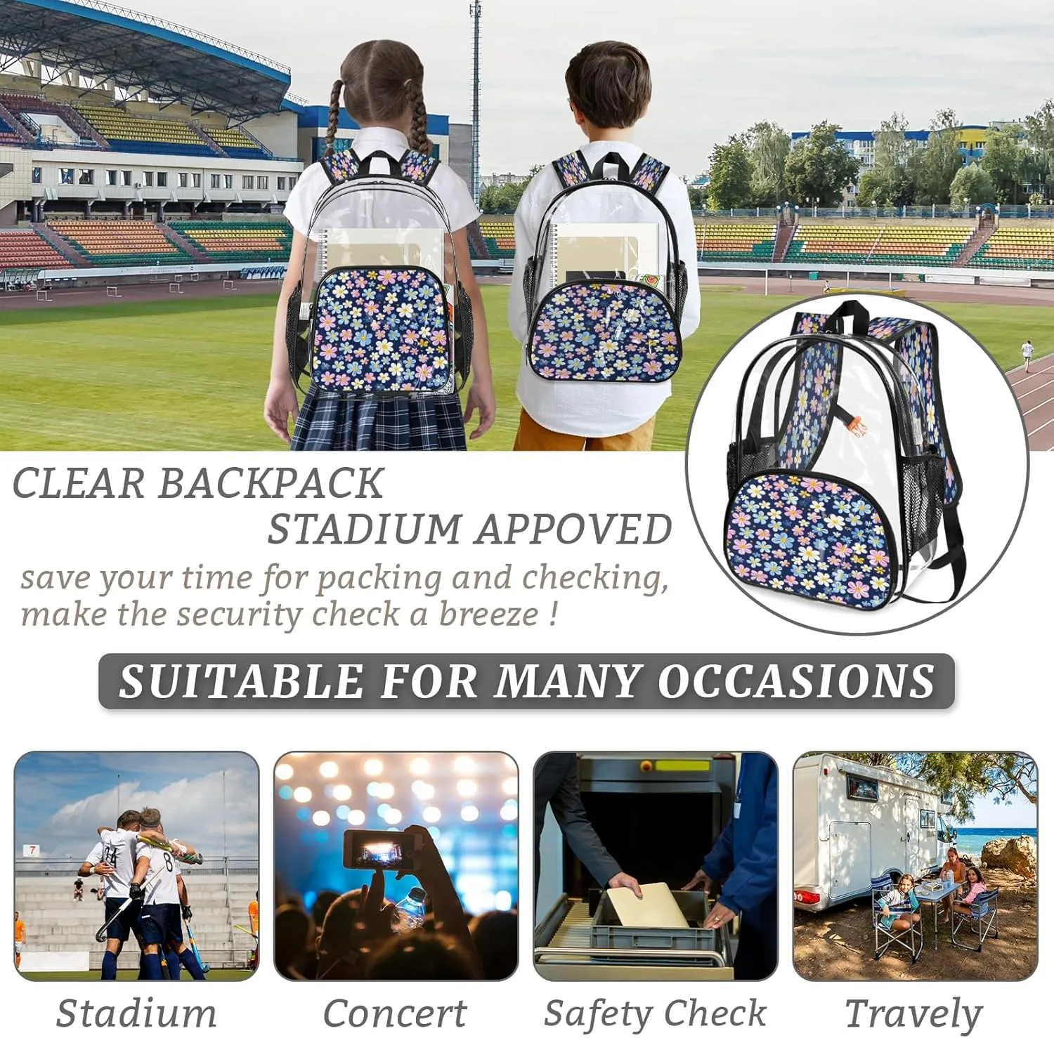 KOBLEN Cool Blue Pink 14.2 Inch Clear Backpack, Heavy Duty Transparent PVC Daypack with Adjustable Padded Straps, Large Capacity Clear Bag for Festival, Concerts, Travel